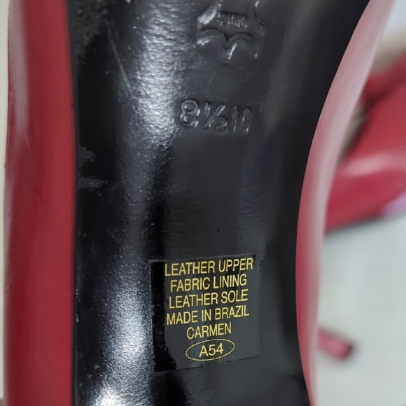 Antonio Melani Leather Heels Women's 8.5 Red Floral Accent Peep Toe Slip On - Picture 12 of 12